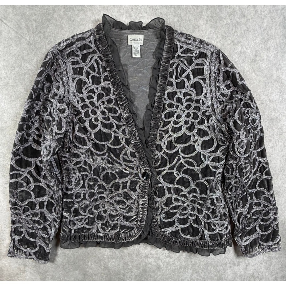 Chicos Keeley Womens Size 1 Jacket Velvet Black Silver Metallic Cord Embroidered